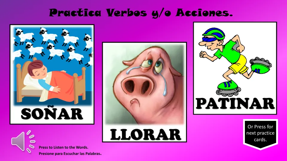 Spanish verb practice cards: soñar (dream), llorar (cry), and patinar (skate), with a button to hear the words