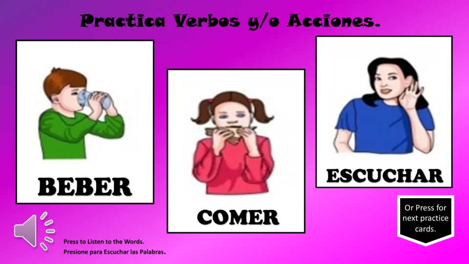 Spanish verb practice cards: beber (drink), comer (eat), and escuchar (listen), with illustrated actions