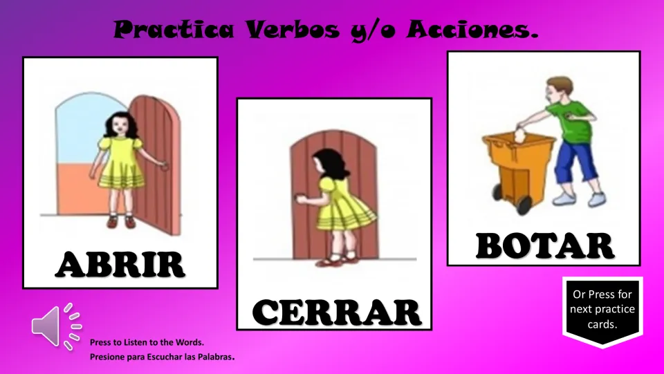 Spanish verb practice cards: abrir (open), cerrar (close), and botar (throw away), with illustrated actions