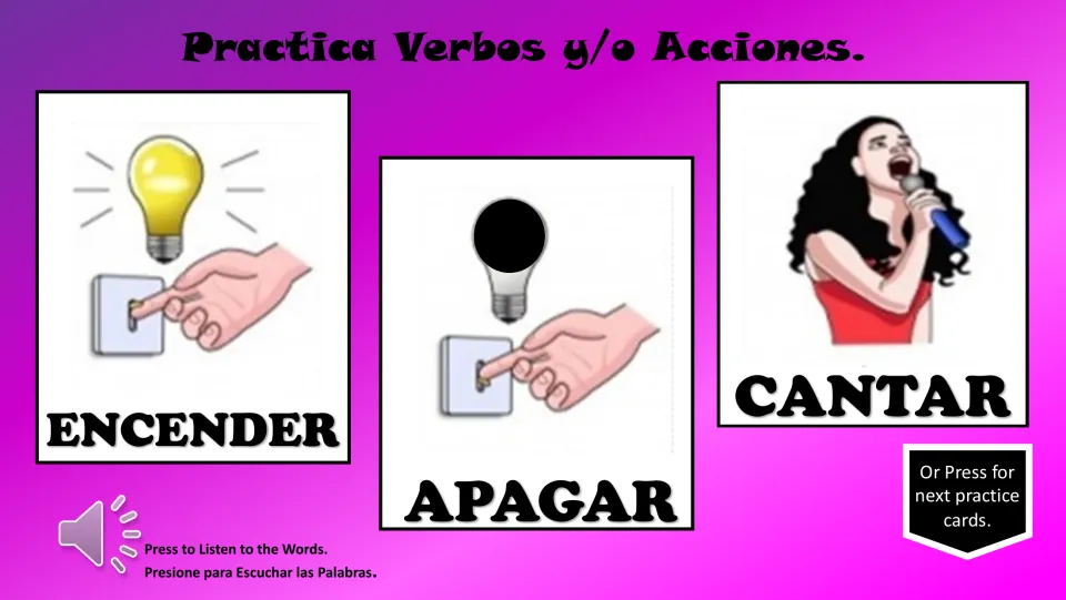 Spanish verb practice cards: encender (turn on), apagar (turn off), and cantar (sing), with action pictures