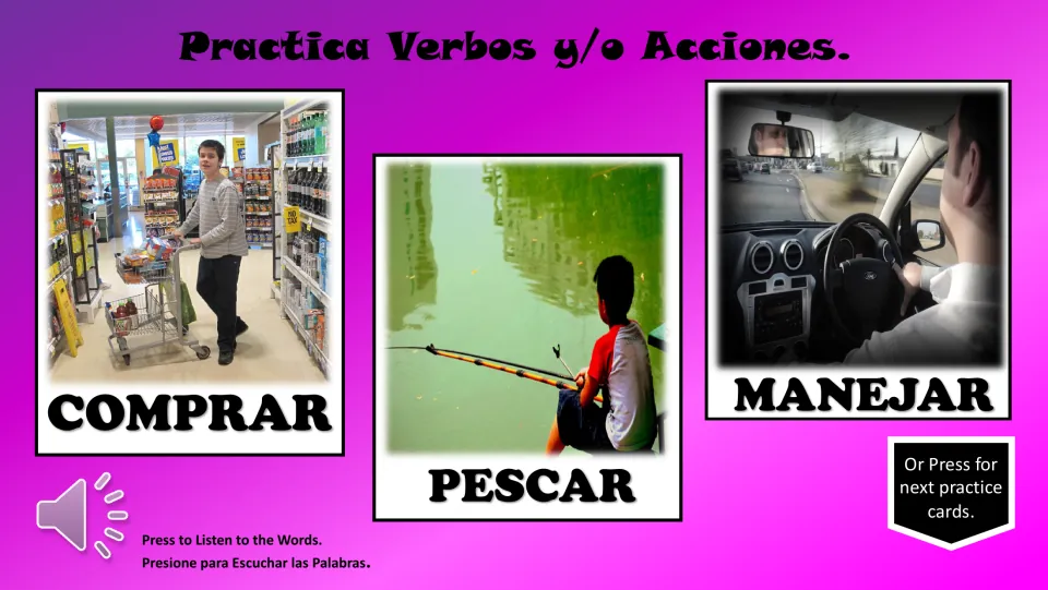 Spanish verb practice cards: comprar (buy), pescar (fish), and manejar (drive), with photos of each action