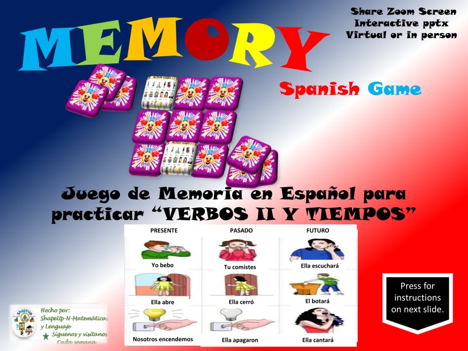 Spanish verb-tense memory game cover with present, past, and future examples for virtual or in-person play