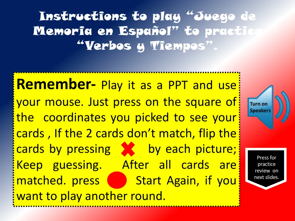 Memory game instructions: click coordinates to reveal cards, flip mismatches back, and restart after matching