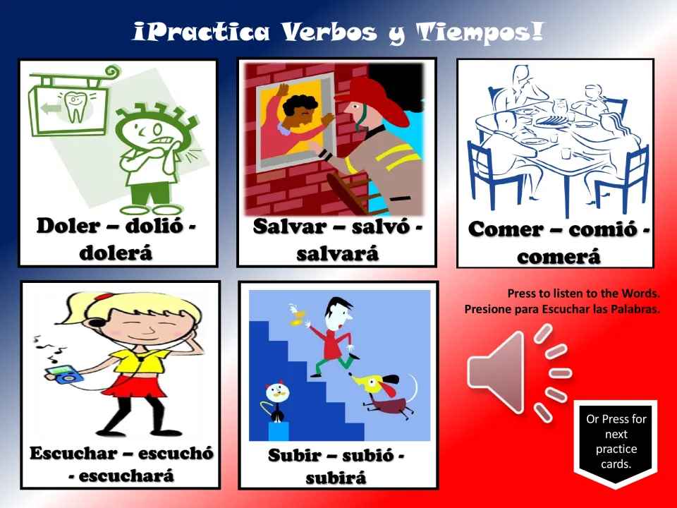 Verb practice cards 1–5: doler (to hurt), salvar (to save), comer (to eat), escuchar, and subir