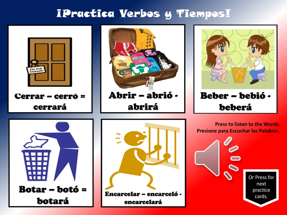 Verb practice cards 6–10: cerrar (to close), abrir (to open), beber (to drink), botar, and encarcelar