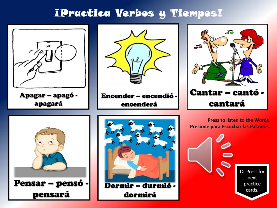 Verb practice cards 11–15: apagar (to turn off), encender (to turn on), cantar, pensar, and dormir