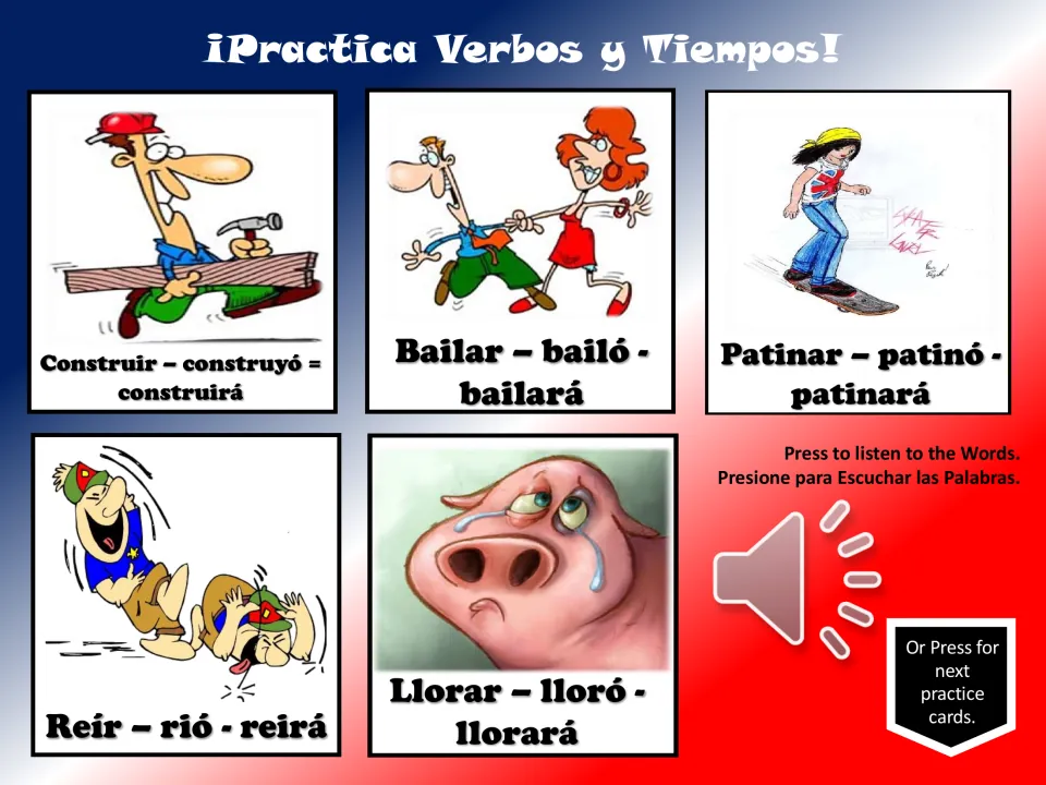 Verb practice cards 16–20: construir (to build), bailar (to dance), patinar (to skate), reír, and llorar