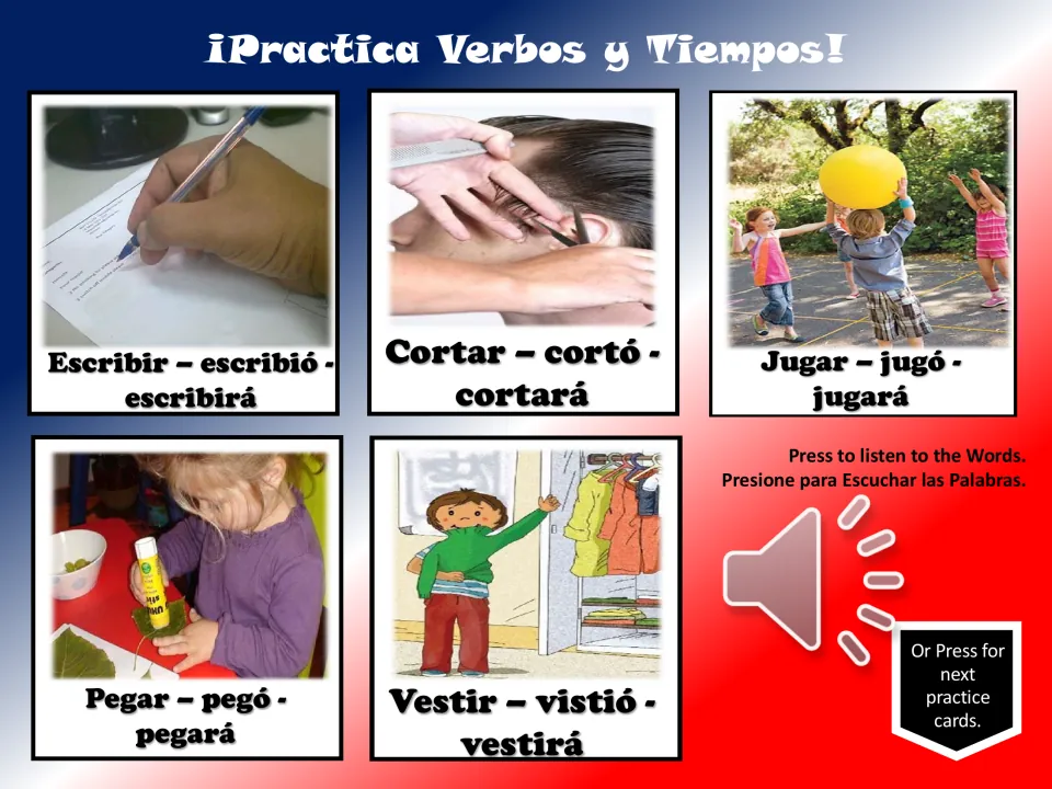 Verb practice cards 21–25: escribir (to write), cortar (to cut), jugar (to play), pegar, and vestir