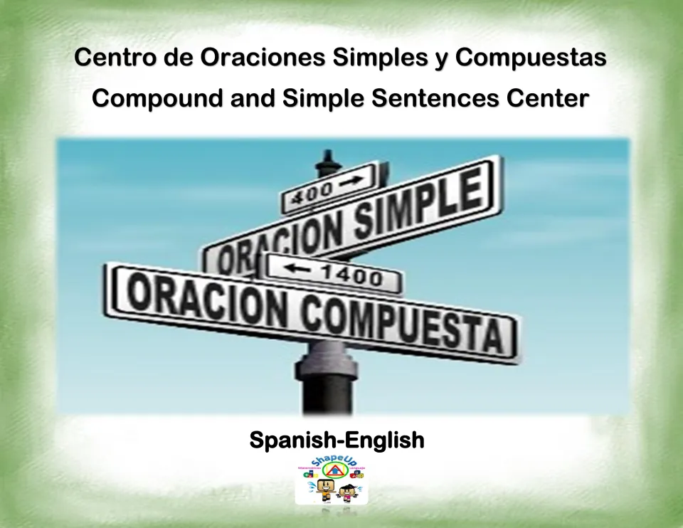 Cover of a Spanish-English sentence center titled Centro de Oraciones Simples y Compuestas, with street signs for each type