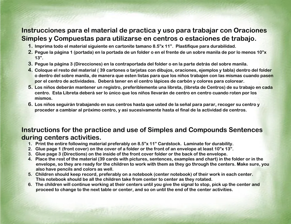 Teacher setup steps in Spanish and English: print on cardstock, laminate, glue cover and directions, file the 39 cards