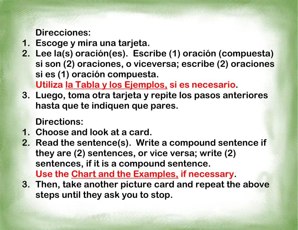 Student directions in Spanish and English: read a card, join two sentences into one compound or split a compound into two