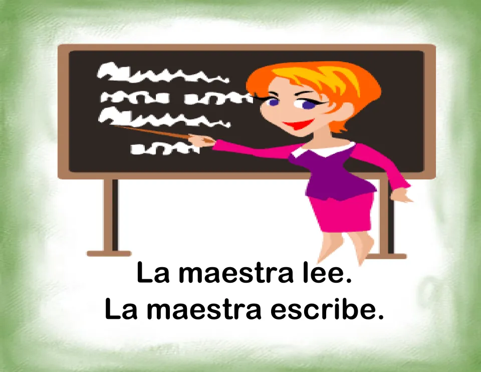 Sentence card, teacher at a chalkboard: students join La maestra lee and La maestra escribe into one compound sentence