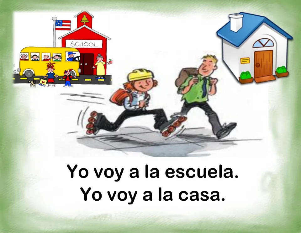 Sentence card showing children skating between a school and a house: combine Yo voy a la escuela and Yo voy a la casa