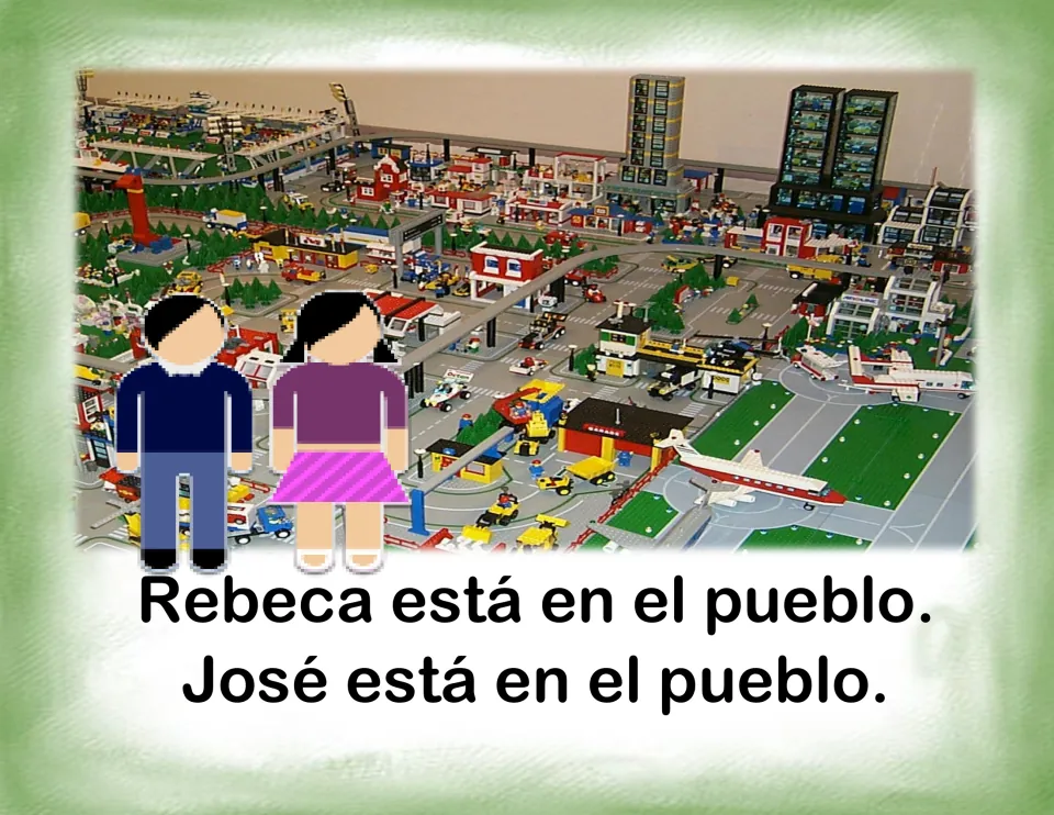 Sentence card with a boy and girl by a toy town: combine Rebeca está en el pueblo and José está en el pueblo into one