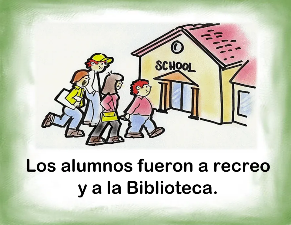 Sentence card with students walking to a school: split Los alumnos fueron a recreo y a la Biblioteca into two sentences