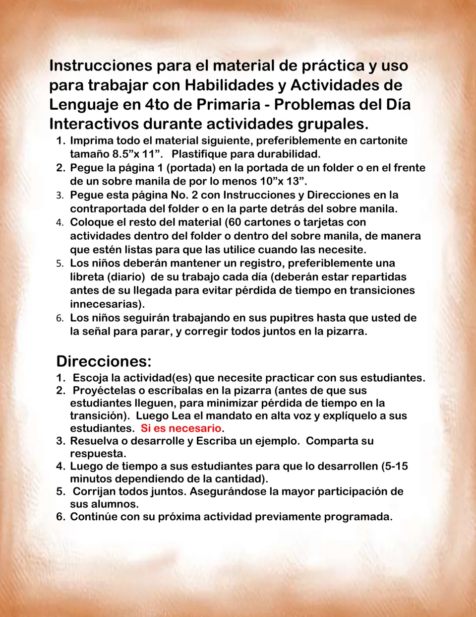Teacher setup and directions in Spanish: print and laminate 60 activity cards, store in a folder, correct as a class