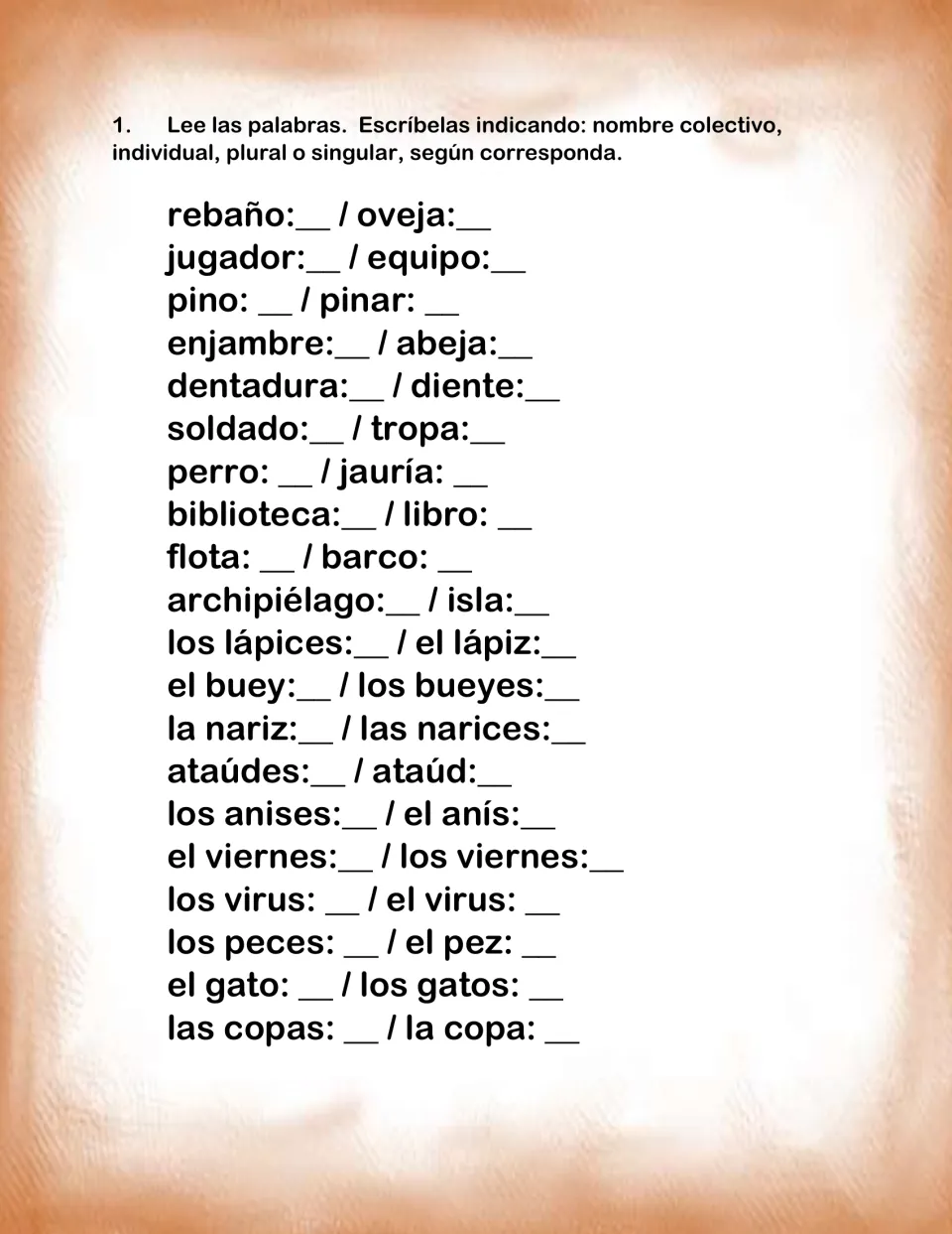 Collective vs. individual nouns and singular vs. plural: students label 20 pairs like rebaño/oveja and el pez/los peces
