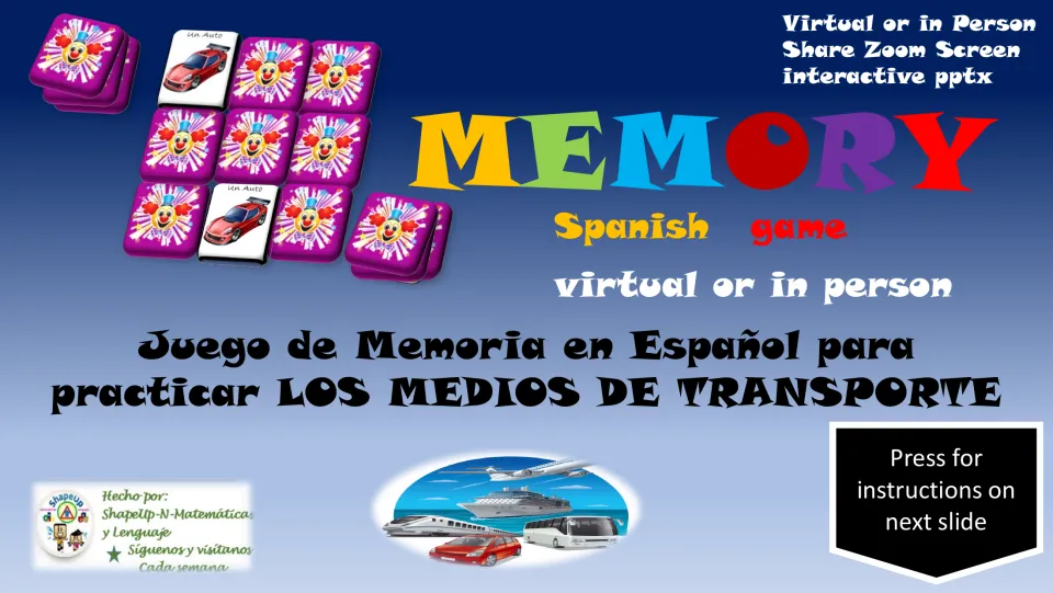 Spanish transportation memory game cover introducing vocabulary practice for virtual or in-person play
