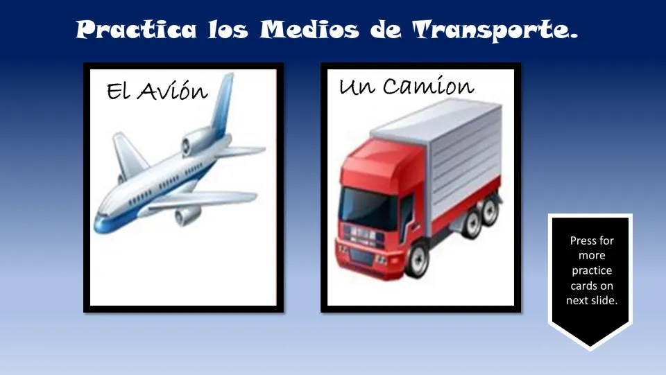 Spanish transportation practice cards 6–7: el avión (airplane) and un camión (truck), each illustrated