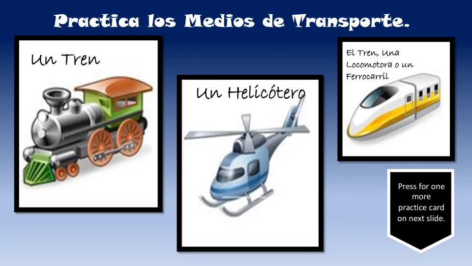 Spanish transportation practice cards 8–10: un tren (train), un helicóptero (helicopter), and another train