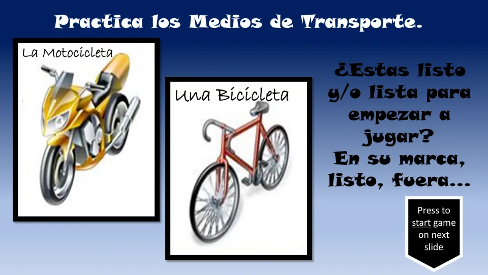 Spanish transportation practice cards 11–12: la motocicleta (motorcycle) and una bicicleta (bicycle)