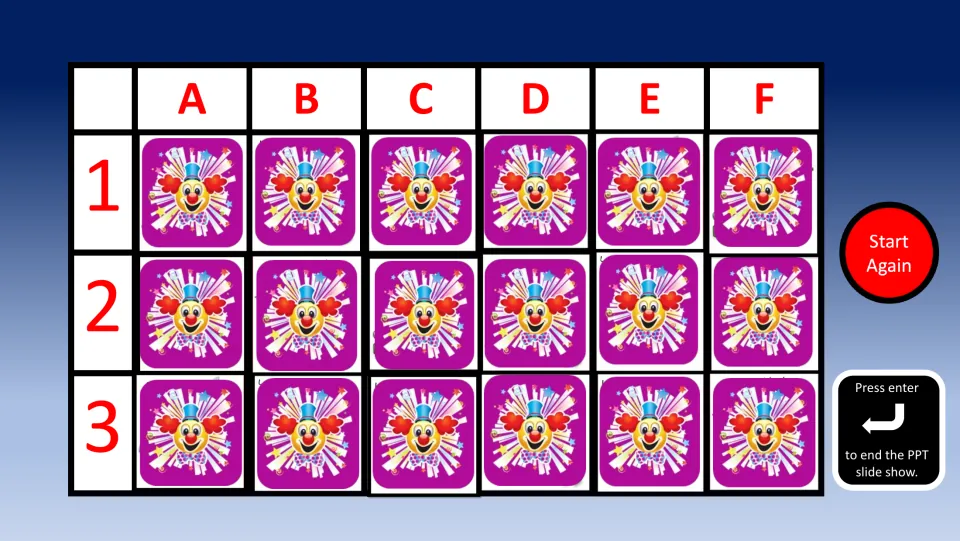 Spanish transportation memory game: 18 face-down cards at coordinates A1–F3 and a Start Again button