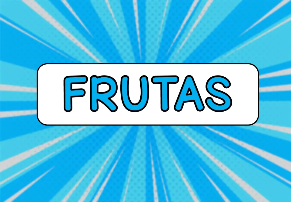 Frutas section divider: the Spanish word for fruits in bold blue letters, opening the set of fruit vocabulary tags