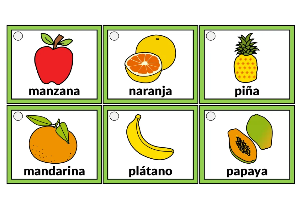 Spanish fruit tags: pictures labeled manzana, naranja, piña, mandarina, plátano and papaya, punched to wear on lanyards