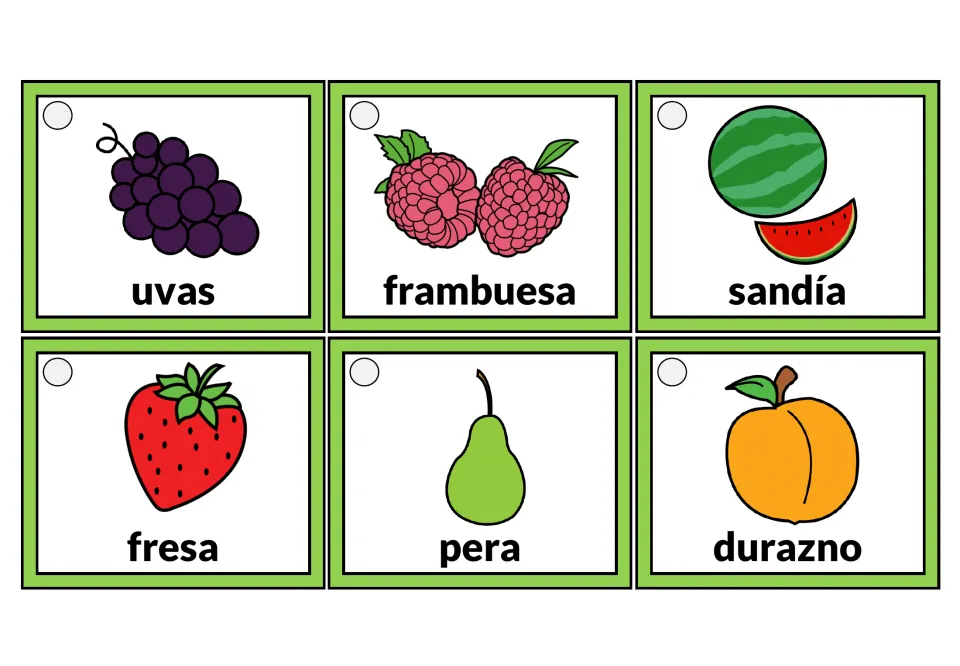 Spanish fruit tags: uvas, frambuesa, sandía, fresa, pera and durazno, each word under a drawing of the fruit