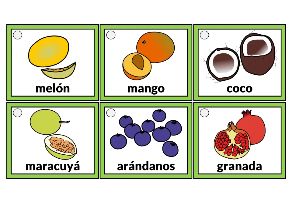 Spanish fruit tags for melón, mango, coco, maracuyá, arándanos and granada, each word paired with a drawing of the fruit