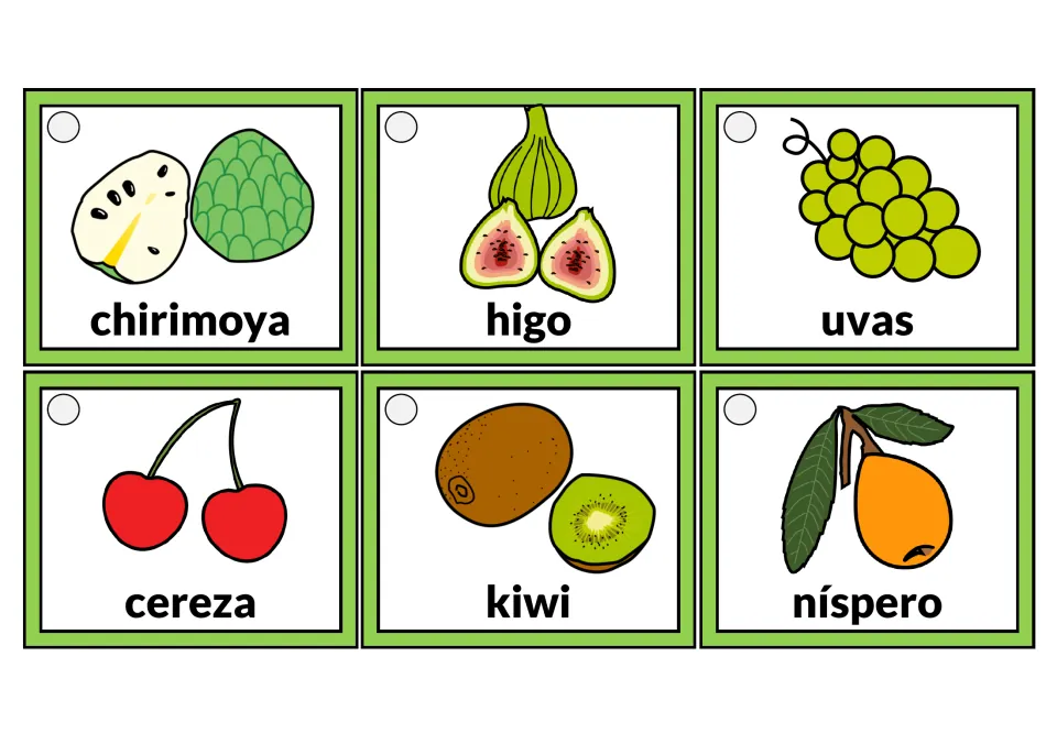 Spanish fruit tags: chirimoya, higo, green uvas, cereza, kiwi and níspero, each picture labeled to practise naming fruits