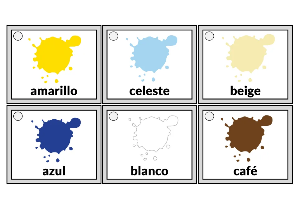 Spanish color tags: paint splashes labeled amarillo, celeste, beige, azul, blanco and café to practise naming colors