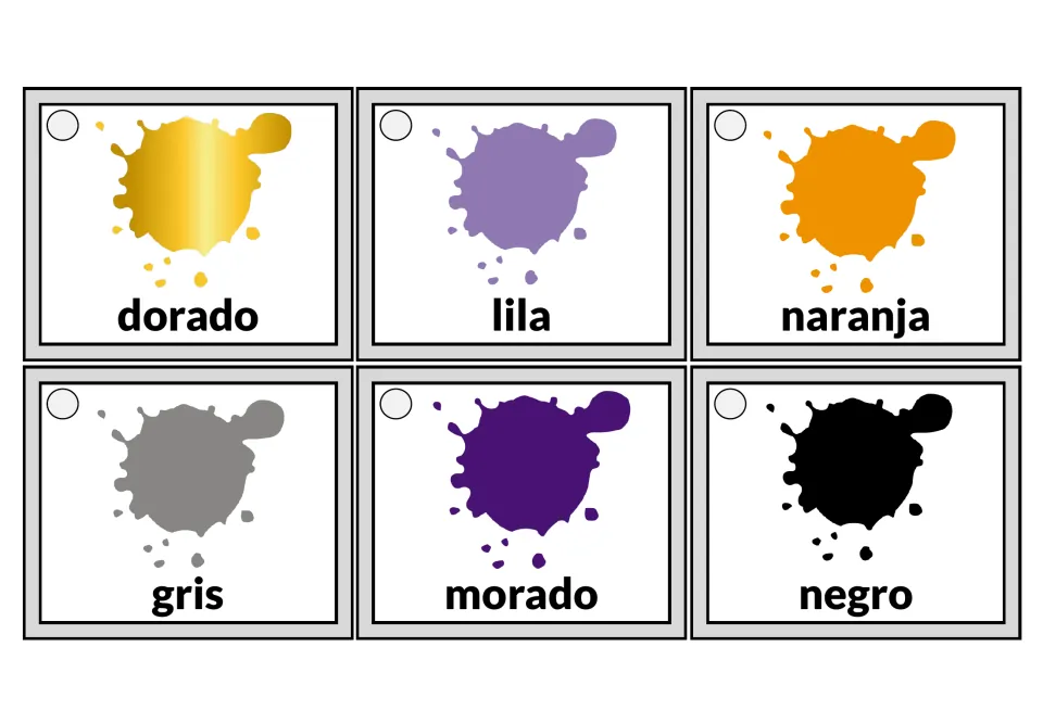 Spanish color tags: gold, lilac, orange, gray, purple, black splashes labeled dorado, lila, naranja, gris, morado, negro