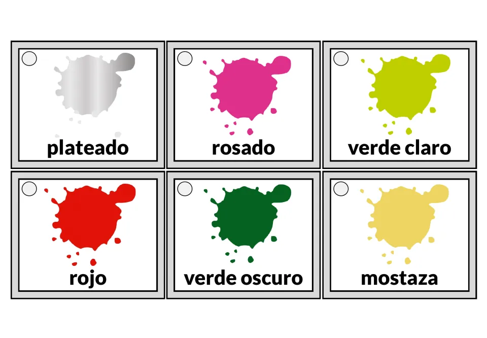 Spanish color tags for plateado, rosado, verde claro, rojo, verde oscuro and mostaza, each shown as a paint splash