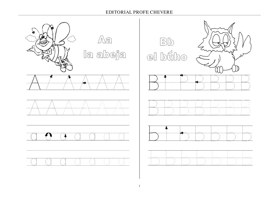 Spanish alphabet tracing for Aa and Bb, paired with animal labels la abeja (bee) and el búho (owl).