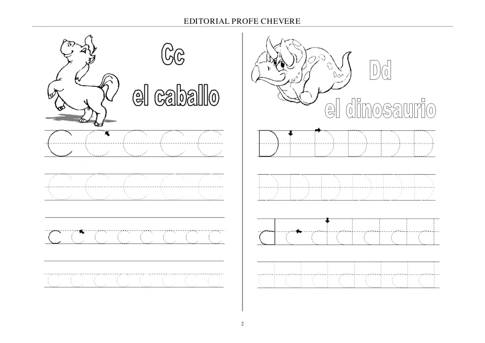 Spanish alphabet tracing for Cc and Dd, paired with el caballo (horse) and el dinosaurio (dinosaur).