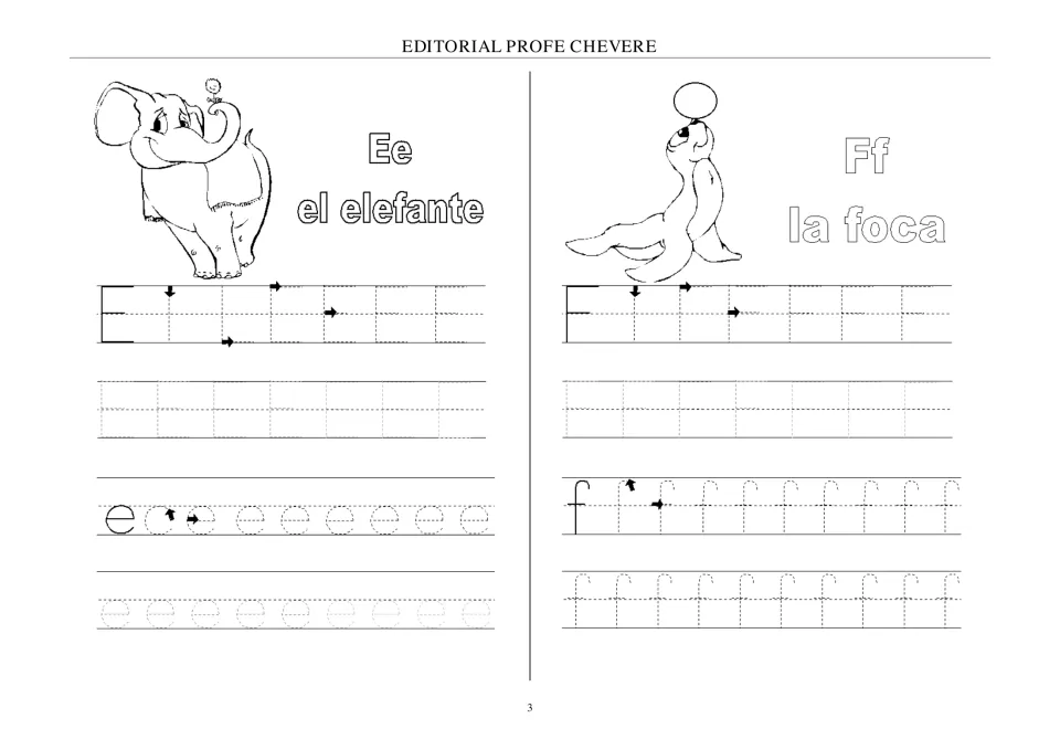 Spanish alphabet tracing for Ee and Ff, paired with animal labels el elefante (elephant) and la foca (seal).
