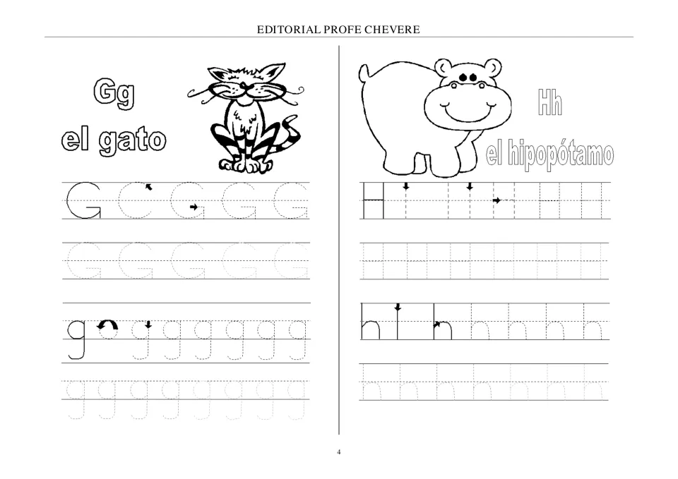 Spanish alphabet tracing for Gg and Hh, paired with animal labels el gato (cat) and el hipopótamo (hippo).