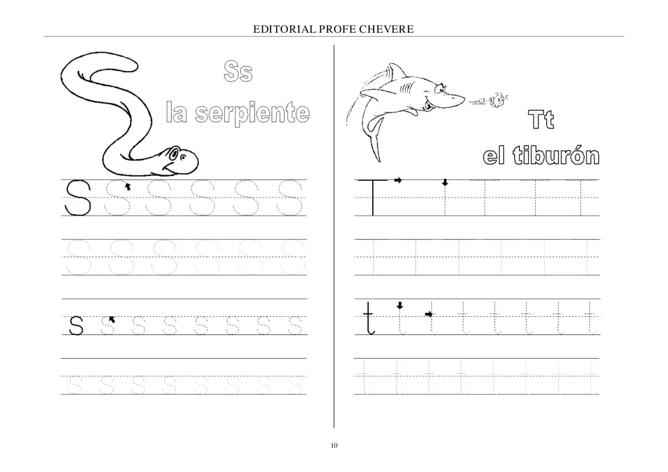 Spanish alphabet tracing for Ss and Tt, paired with animal labels la serpiente (snake) and el tiburón (shark).