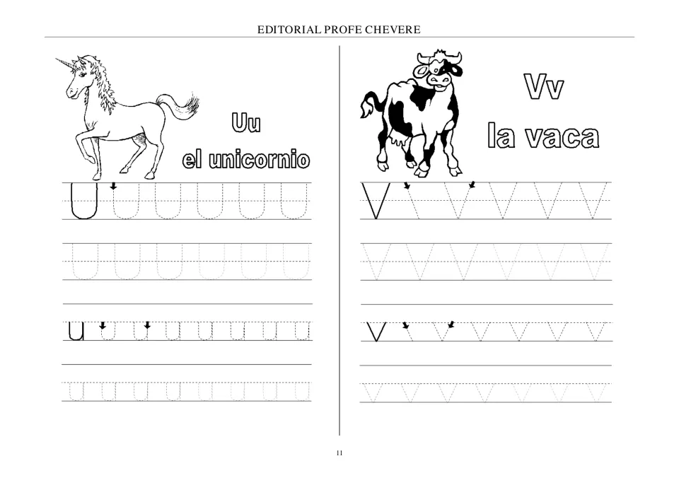 Spanish alphabet tracing for Uu and Vv, paired with animal labels el unicornio (unicorn) and la vaca (cow).