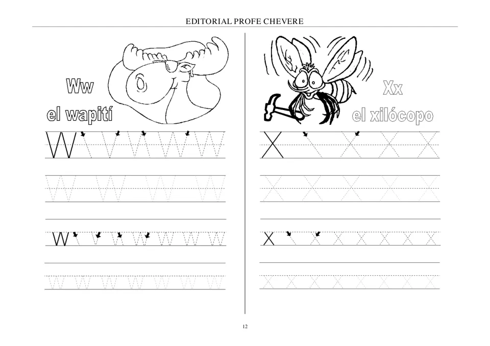 Spanish alphabet tracing for Ww and Xx, paired with el wapití (elk) and el xilócopo (carpenter bee).