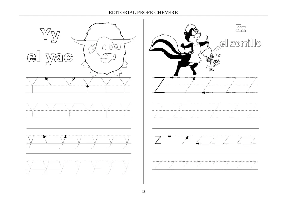 Spanish alphabet tracing for Yy and Zz, paired with animal labels el yac (yak) and el zorrillo (skunk).