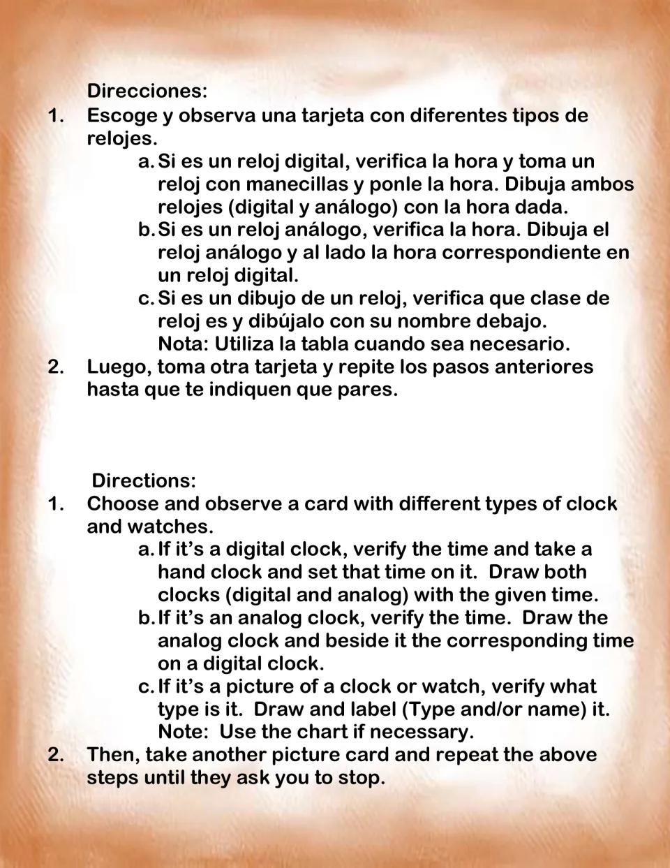 Bilingual center directions ask students to read clock cards, match analog and digital times, and label clocks