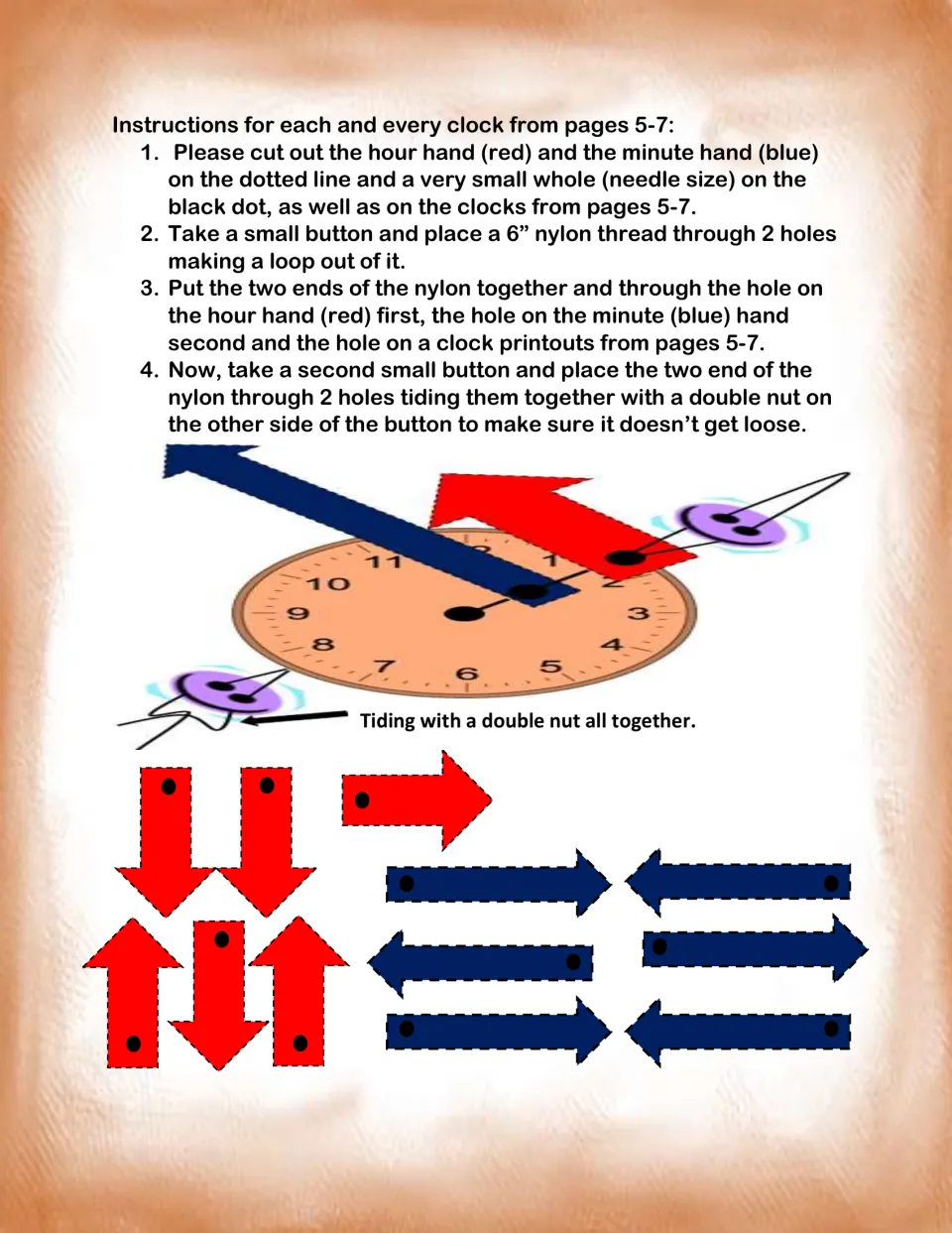 Clock assembly instructions show how to attach red hour hands and blue minute hands using buttons and thread