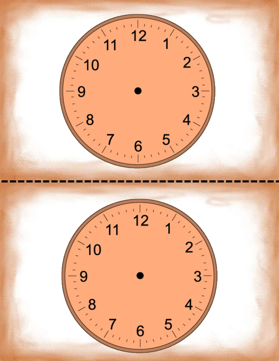 Two matching analog clock faces numbered 1 through 12 for attaching movable hands in the time center