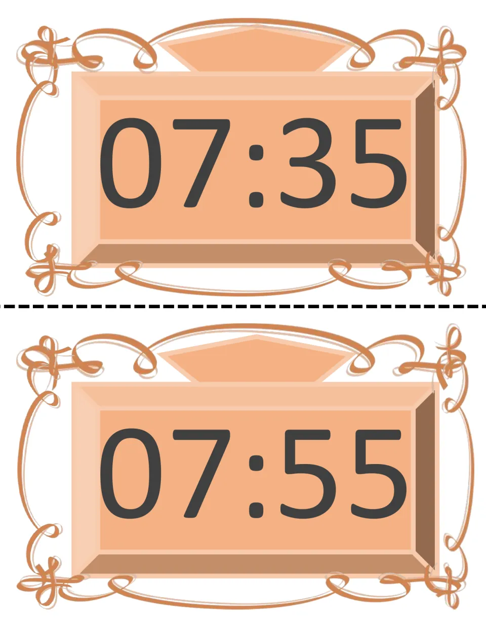 Digital time cards showing 07:35 and 07:55 for setting matching analog clocks during the center activity