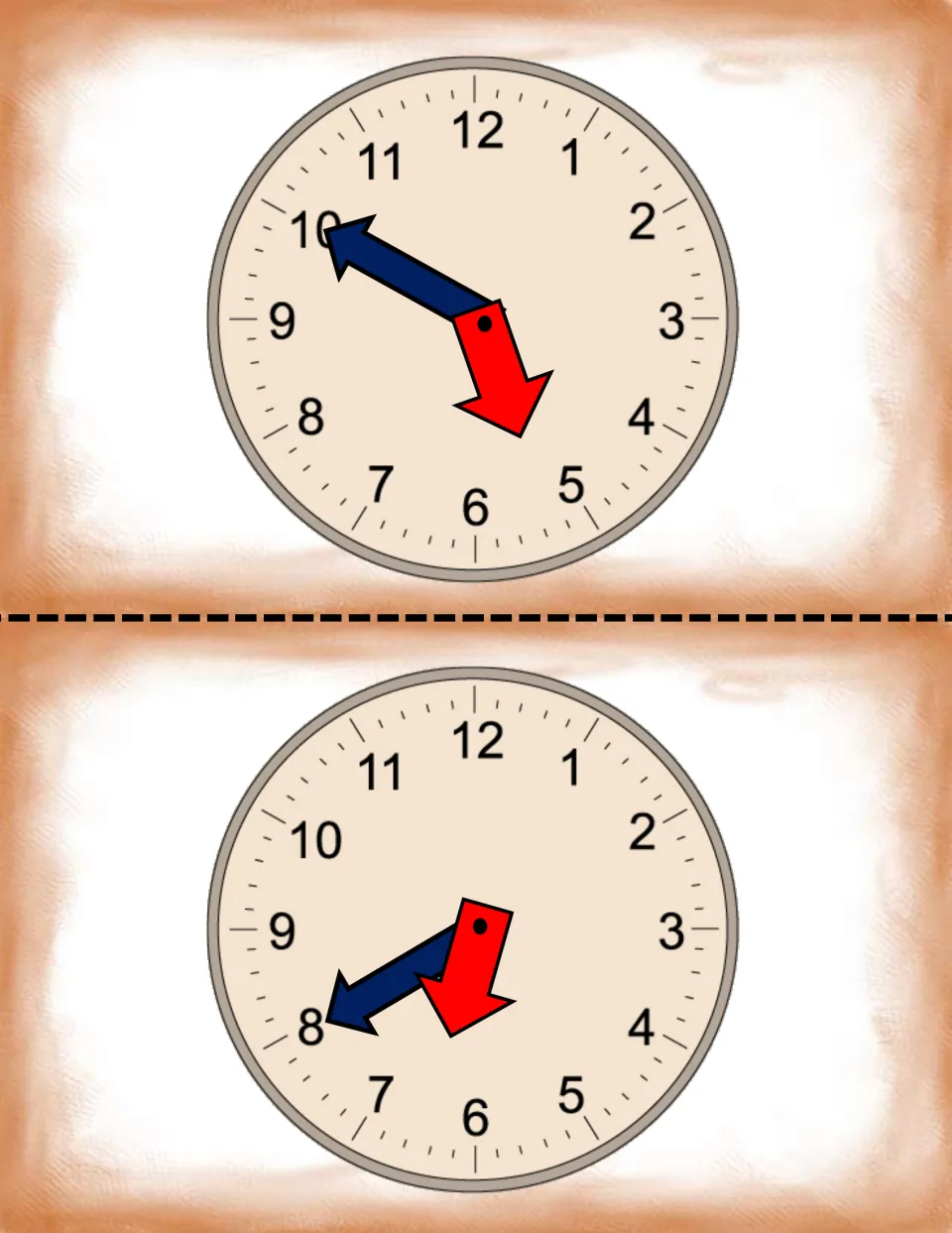 Two analog time cards use red hour hands and blue minute hands, with minute hands pointing to 10 and 8