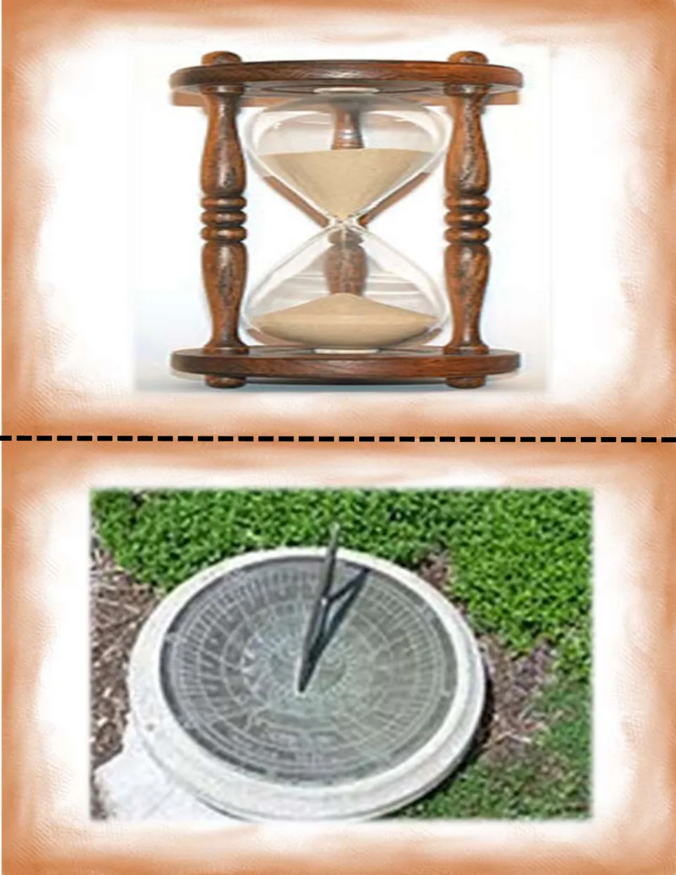 Time center picture cards show an hourglass and a sundial for students to identify, draw, and label