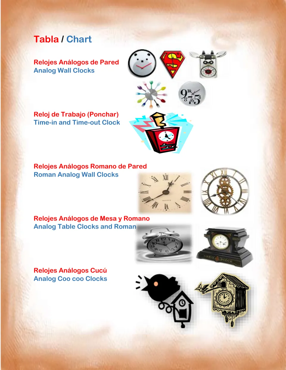Bilingual clock reference chart identifies wall clocks, time clocks, Roman numeral clocks, and cuckoo clocks