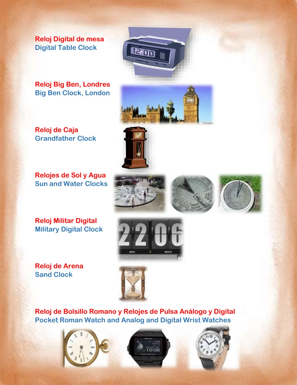 Bilingual clock chart continues with digital clocks, Big Ben, grandfather clocks, sundials, and watches